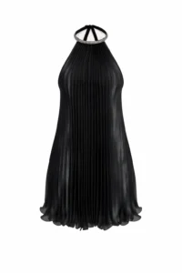 Lisa to mini sukienka o rzeźbiarskiej linii halter, zbudowana z drobnych plis nadających sylwetce lekkość i ruch. Połyskujący detal przy szyi zastępuje biżuterię, a otwarte plecy tworzą elegancki kontrapunkt dla zabudowanego frontu. Model zaprojektowany na wydarzenia, które wymagają czegoś bardziej wyrafinowanego niż klasyczna sukienka koktajlowa.