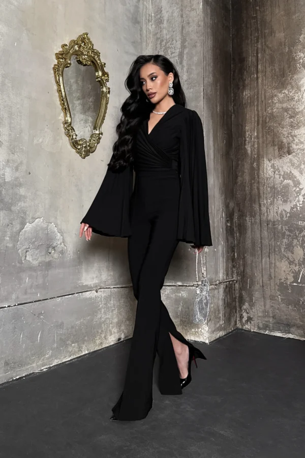 Eleganckie czarne spodnie dzwony Bella – stylizacja z żakietem – REPULO’S