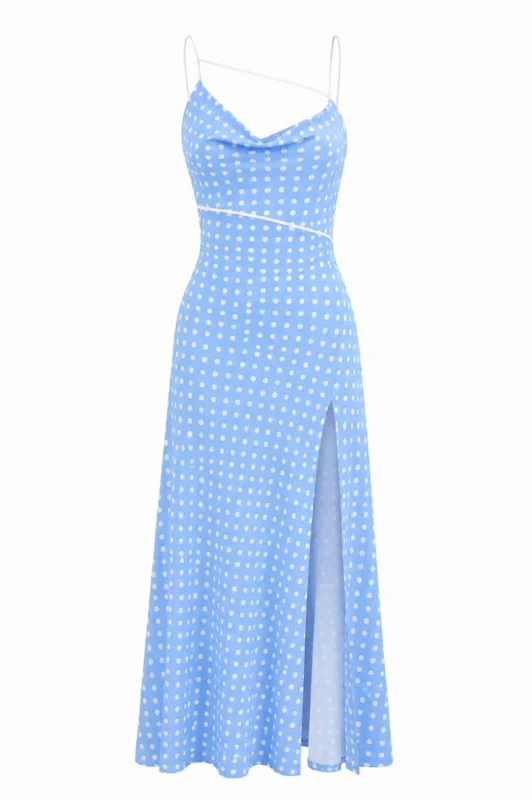 Blue polka dot spaghetti strap midi dress by REPULO’S